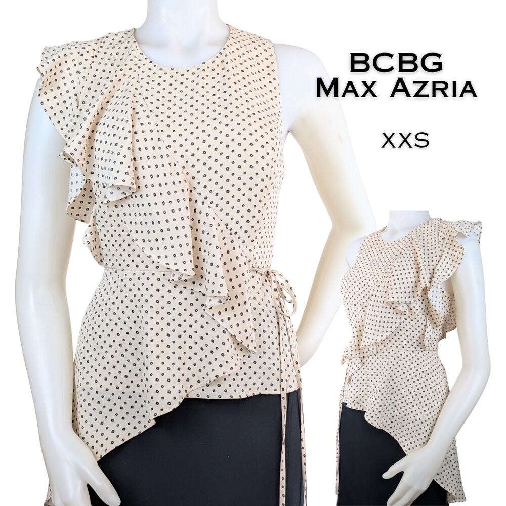 BCBG Max Azria Blouse XXS Cream Black Polka Dot Asymmetrical Ruffle Tie Waist